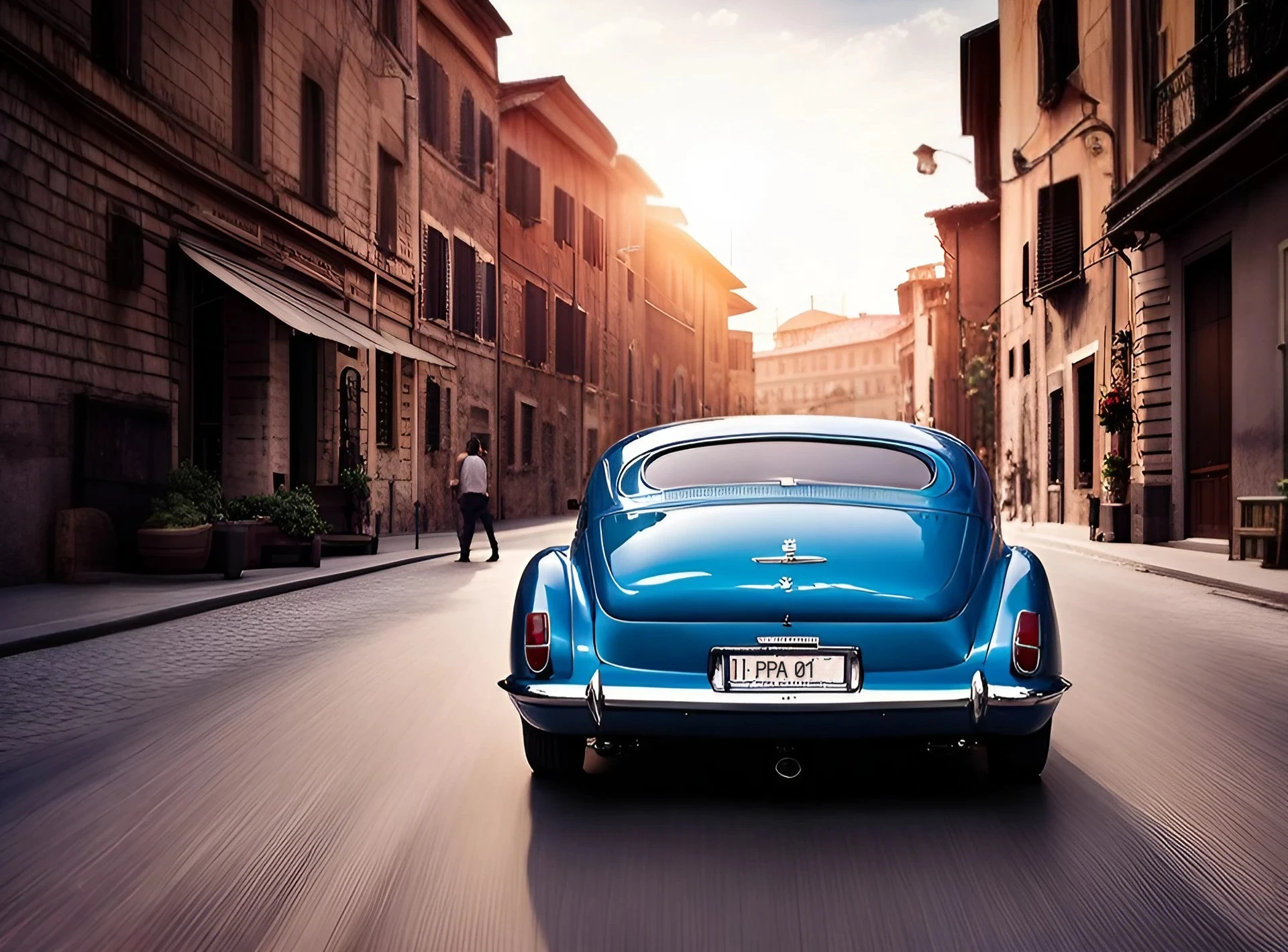 ai generated image of a blue car driving down an italian road representing a property investors journey